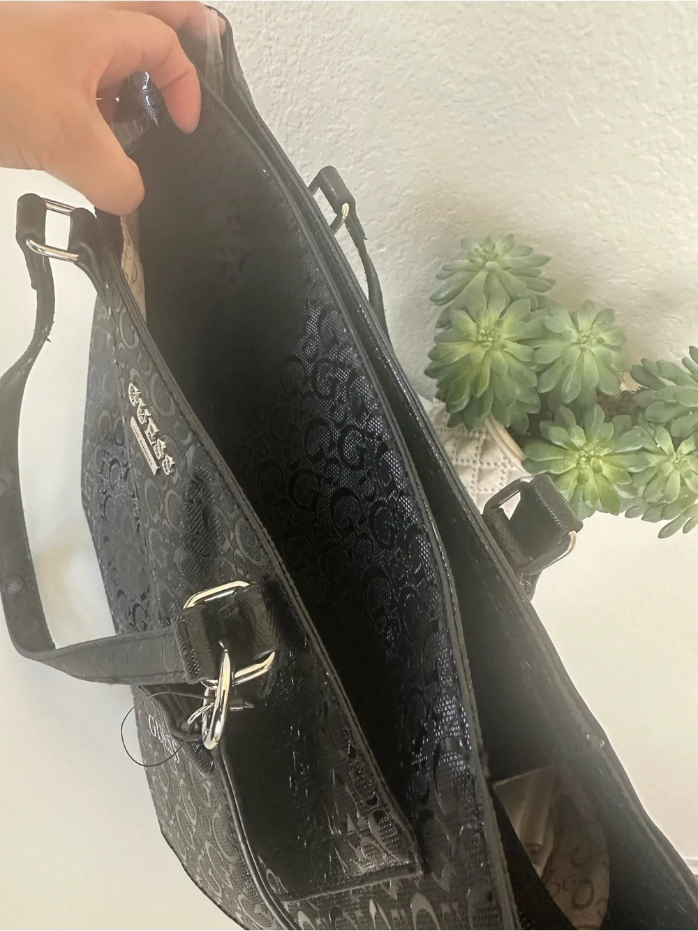 GUESS Black Patent Logo Tote with Removable Coin Pouch